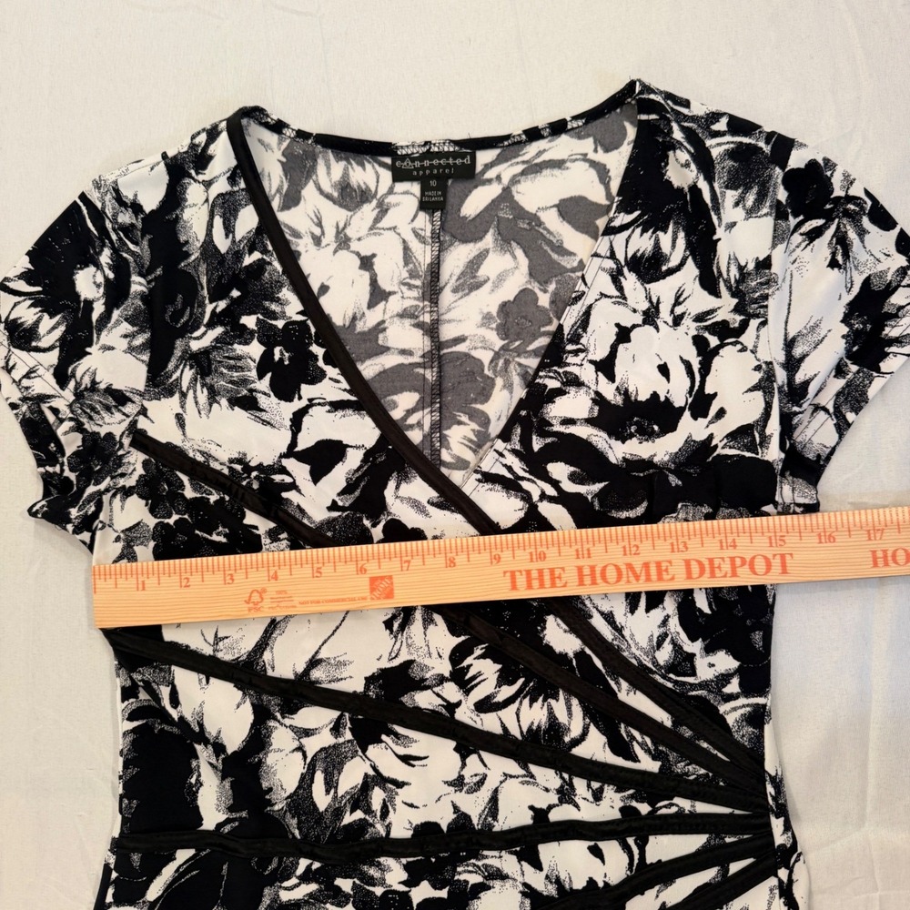 Connected Apparel Womens Floral Faux Wrap Dress Black White V-Neck Size 10 - Picture 5 of 10